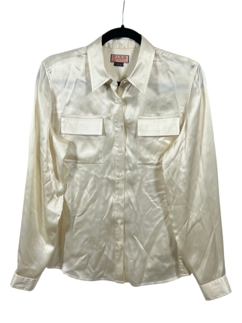 Thomas Pink Top Womens Silk Satin Button Down Long Sleeve 6 Luxury Utility Stain